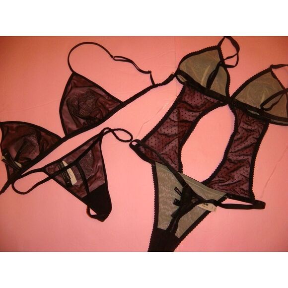 Victoria's Secret M BRALETTE BRA SET+thong+TEDDY BLACK mesh heart CRYSTALLIZED - Picture 6 of 7